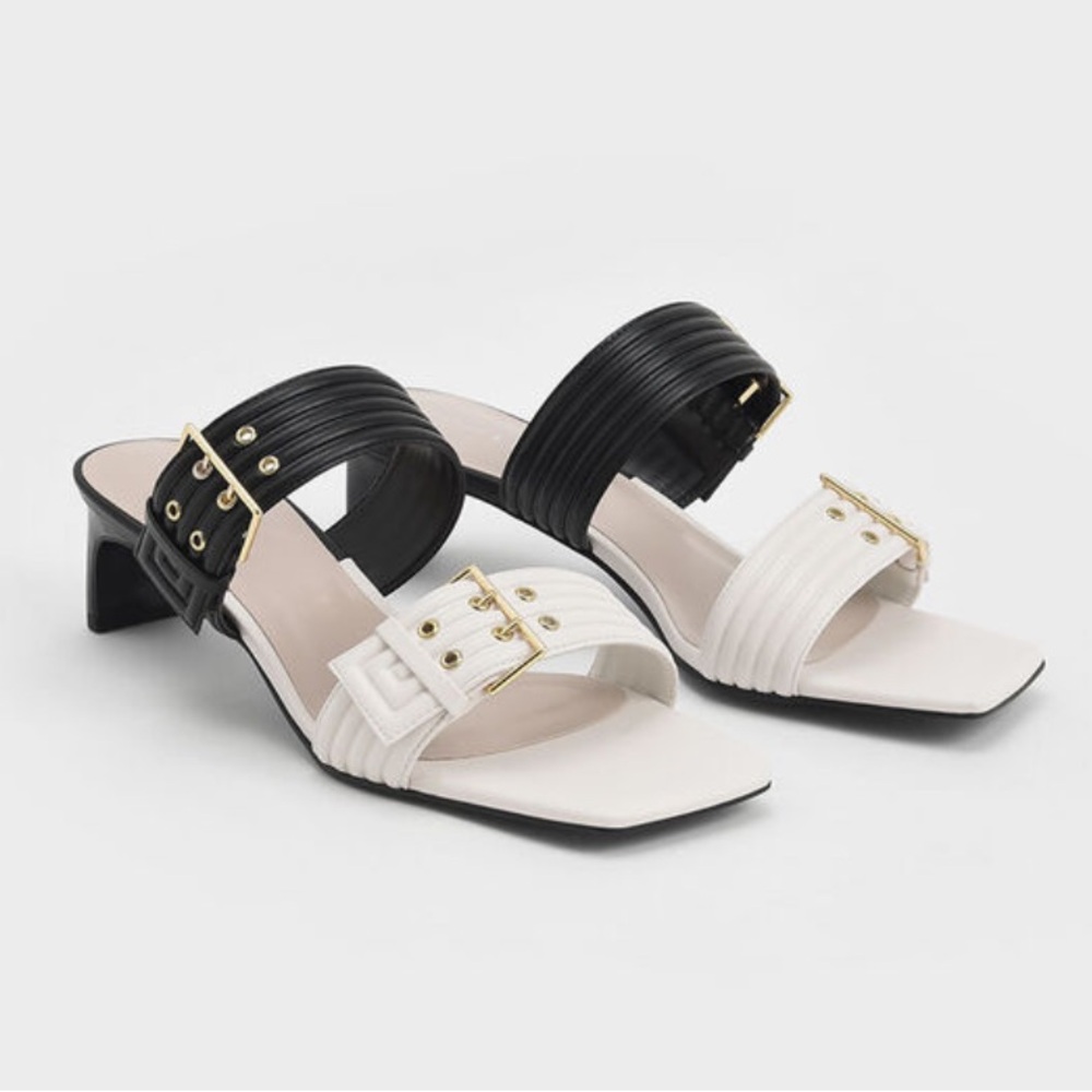 NIB Double Buckle Blade Heel Mules - Chalk